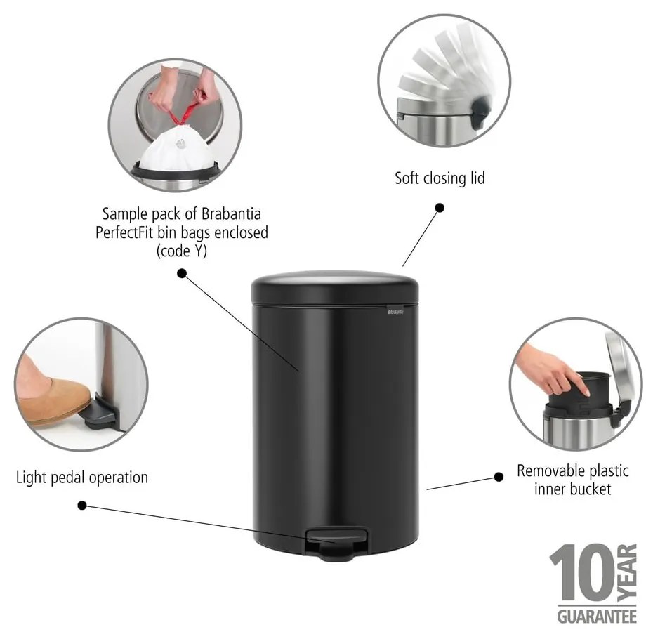 Матово черно стоманено кошче за боклук с педал 20 l NewIcon – Brabantia