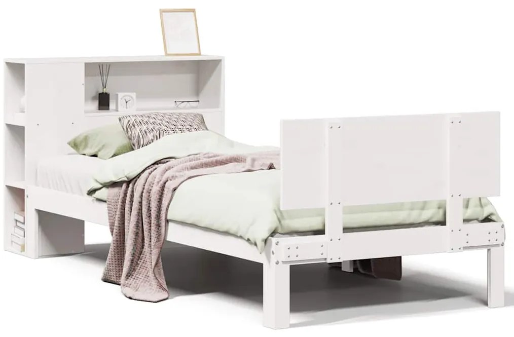 3322643 vidaXL Легло с рафтове за книги, без матрак, бял, 90x190 см, бор масив