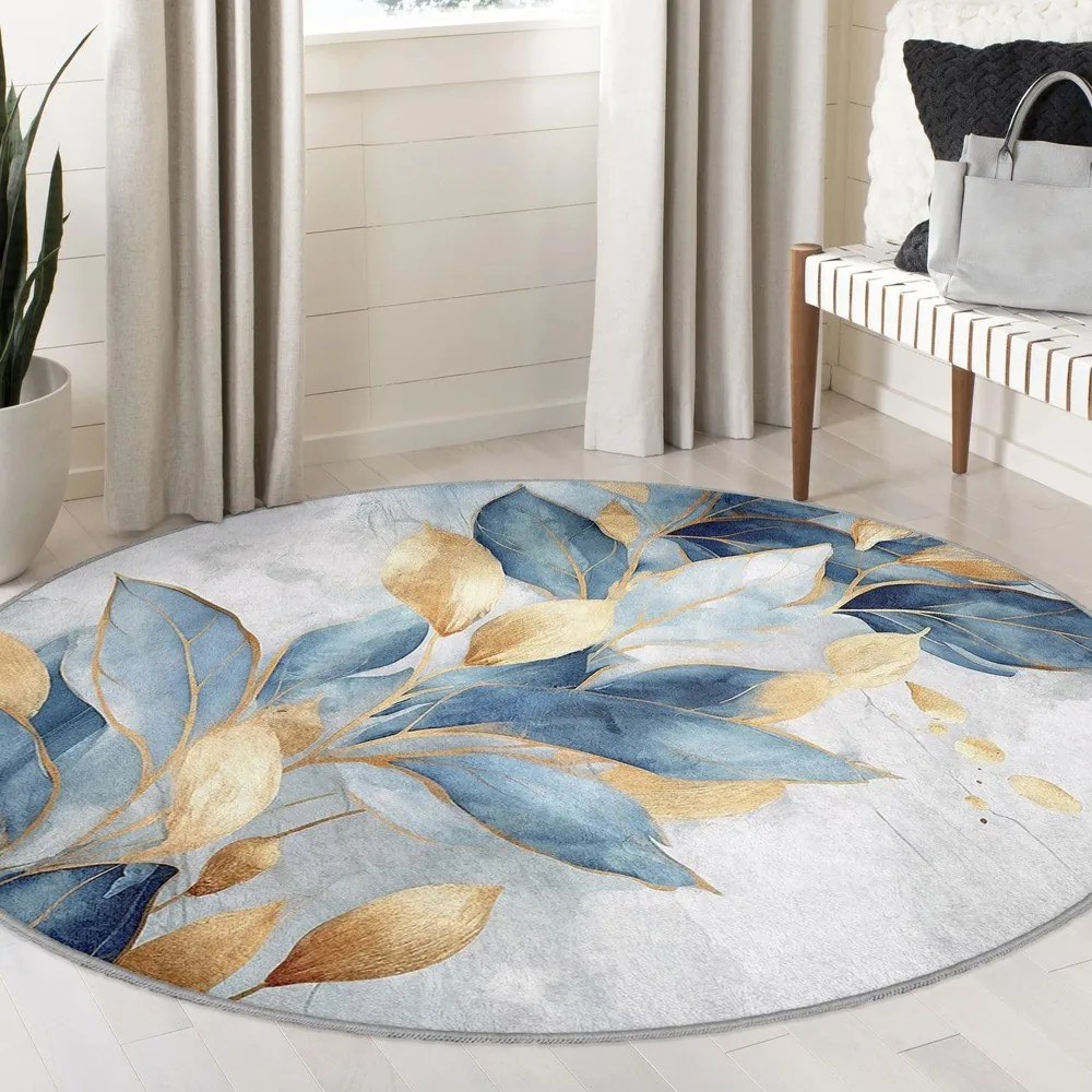 Синьо-златист кръгъл килим подходящ за пране ø 150 cm Golden Leaves – Mila Home