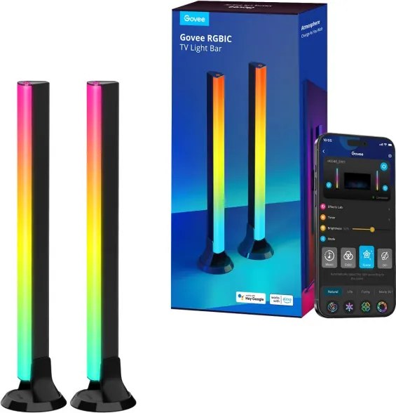 Комплект 2 Smart LED лампи за телевизор Govee H6046 RGBIC, 24W, Адресируеми цветни сегменти, Wi-Fi, Bluetooth, Govee Home, Черен