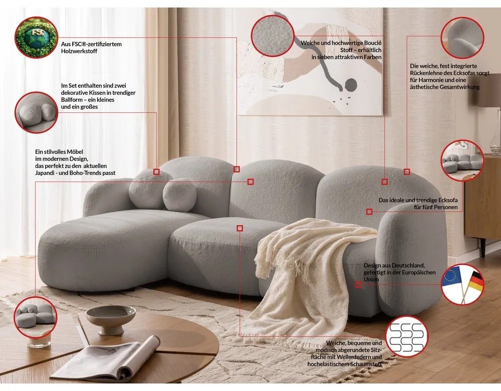 Сив ъглов диван от прежда с примки от букле (ляв ъгъл) Orbit – Ropez