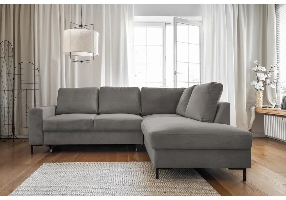 Сив разтегателен ъглов диван от рипсено кадифе (десен ъгъл) Lofty Lilly – Miuform