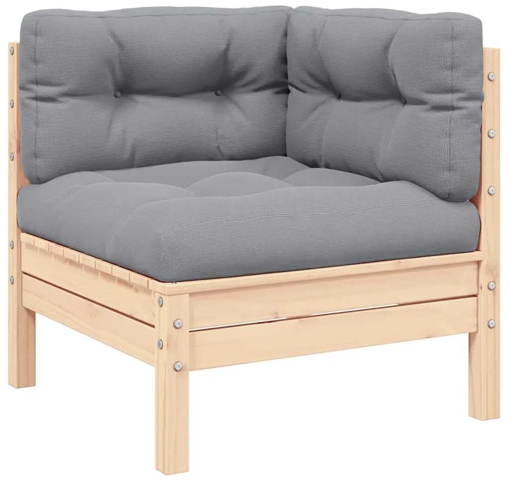 806627 vidaXL Градински ъглов диван със сиви възглавници, бор масив