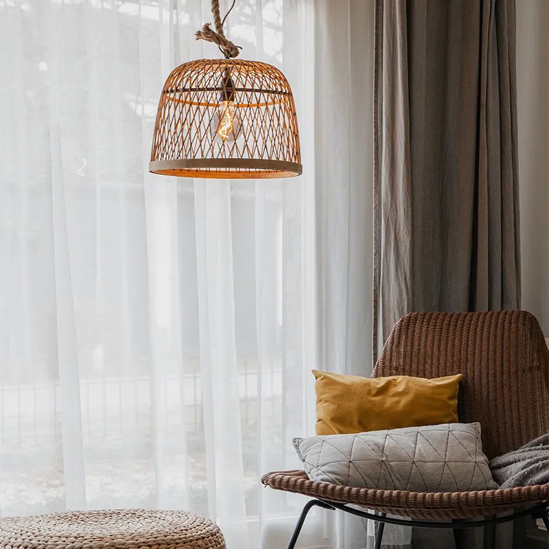 Висяща лампа в селски стил от въже с ратан - Calamus