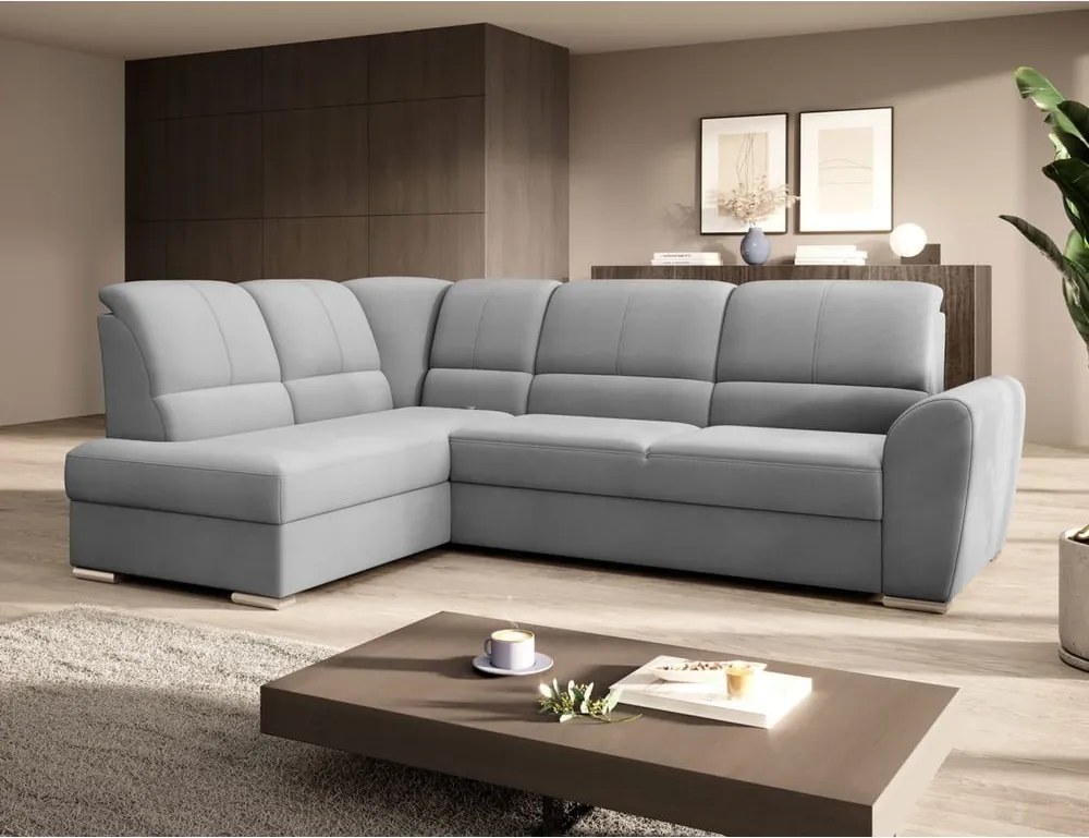 Сив кадифен разтегателен ъглов диван с място за съхранение (ляв ъгъл L форма) Siber – ELTAP