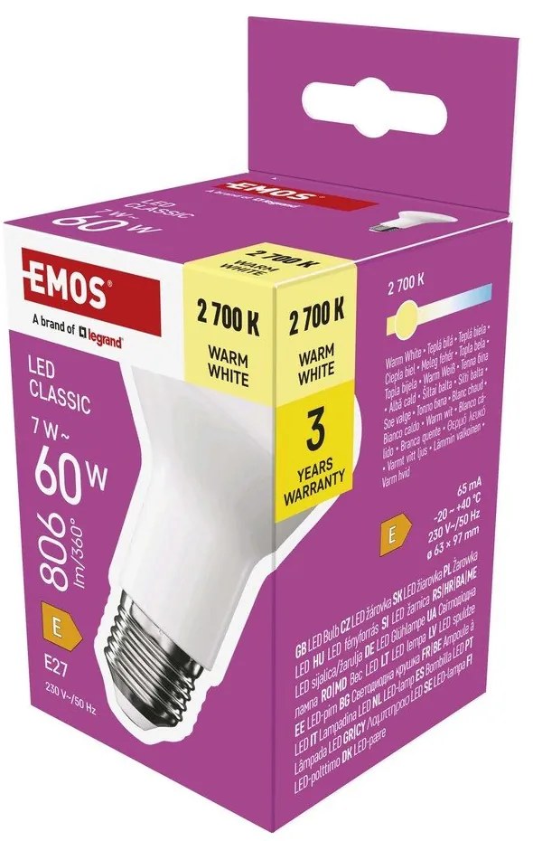 Топла бяла LED крушка E27, 7 W – EMOS