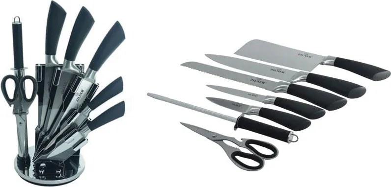 Комплект ножове с поставка ZILNER ZL 5127, 8 части, Точило, Ножици, Неръждаема стомана, Черен