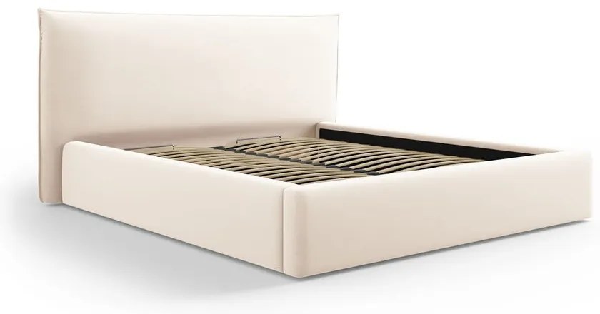 Кремаво двойно тапицирано легло с място за съхранение с включена подматрачна рамка 160x200 cm Elio – Milo Casa