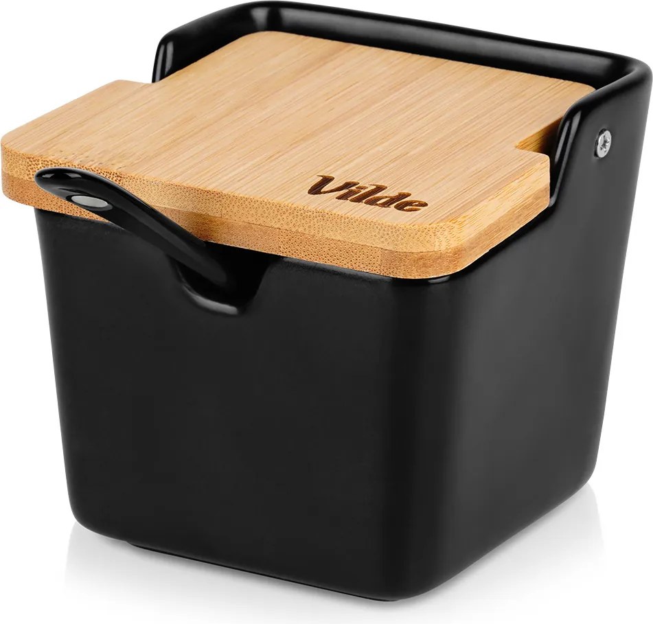 Захарница с лъжица, керамика_бамбук, черна, вместимост 250 мл, размери 9,5x9,5x9см