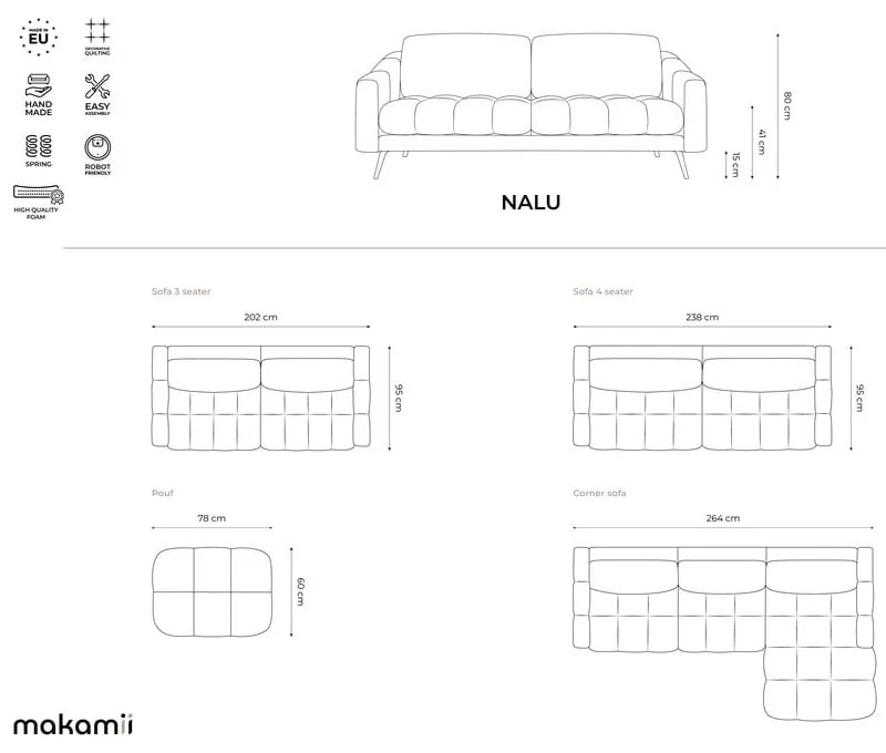 Светлосин кадифен ъглов диван (ляв ъгъл) Nalu – Makamii
