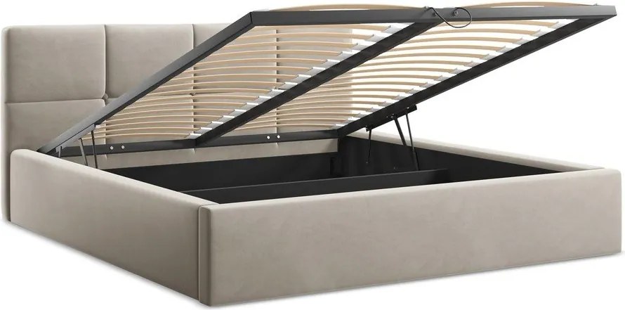 Кафяво-сиво кадифено двойно легло 140x200 cm тапицирано с място за съхранение и включена подматрачна рамка Hiko – Makamii