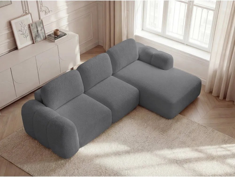 Сив сгъваем/с място за съхранение ъглов диван от прежда с примки от букле (десен ъгъл) Montaigne – Bobochic Paris
