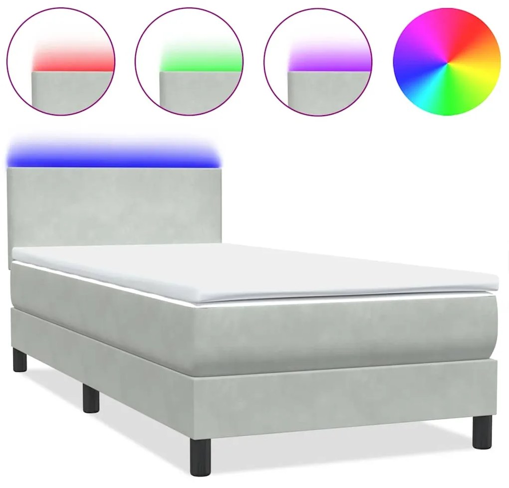 3316719 vidaXL Боксспринг легло с матрак и LED, светлосиво, 90x220 см, кадифе