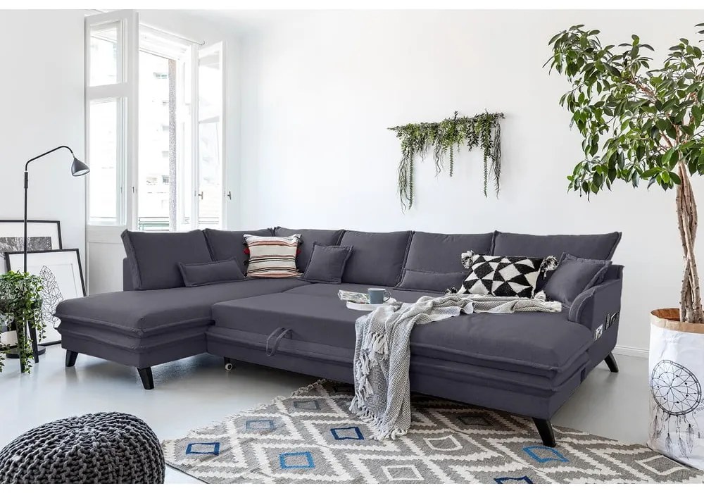 Антрацитен разтегателен диван в буквата "U", ляв ъгъл Charming Charlie - Miuform