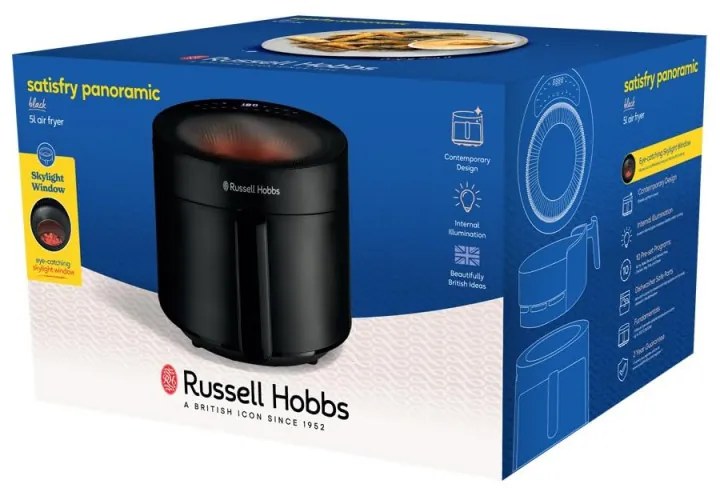 Фритюрник с горещ въздух Russell Hobbs SatisFry Panoramic 27420-56, 1650W, 5.5 л, 10 програми, Дигитален LED дисплей, Термостат, Таймер, Черен
