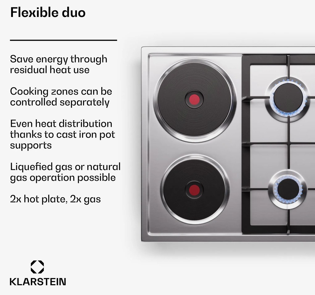 Klarstein MultiChef 4 Hot Plate, електрически и газов котлон, 4 зони за готвене, 2 горелки, 2 електрически котлона