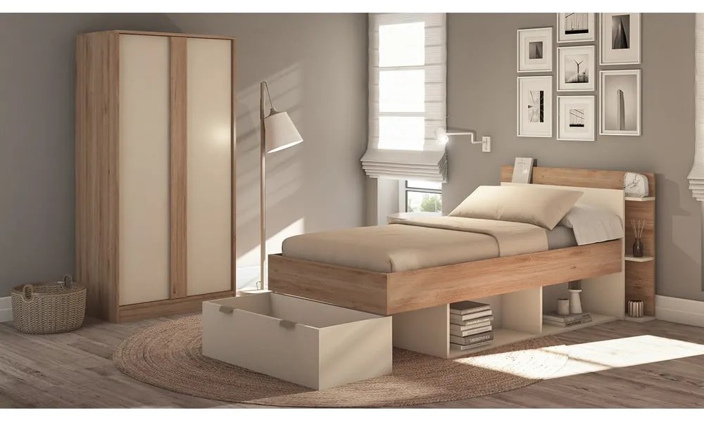 Бяло-естествено единично легло 90x200 cm от декор от дъб с място за съхранение без ламелно дъно Albo – Marckeric