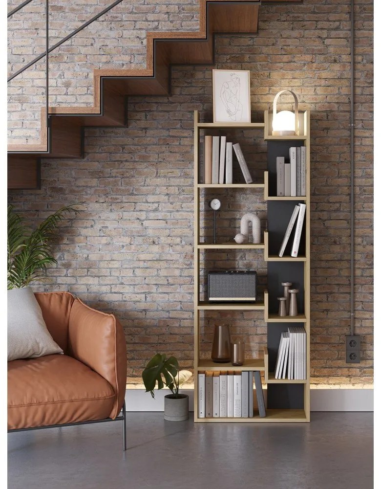 Етажерка за книги с дъбов декор в черен и естествен цвят 60,5x162 cm Klapo - Marckeric