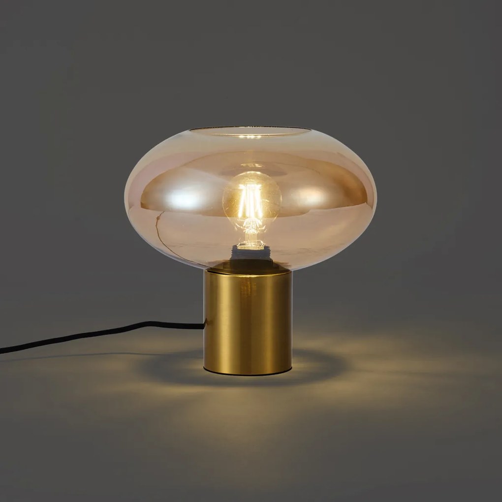 Дизайнерска настолна лампа месинг с кехлибарено стъкло - Umbrella