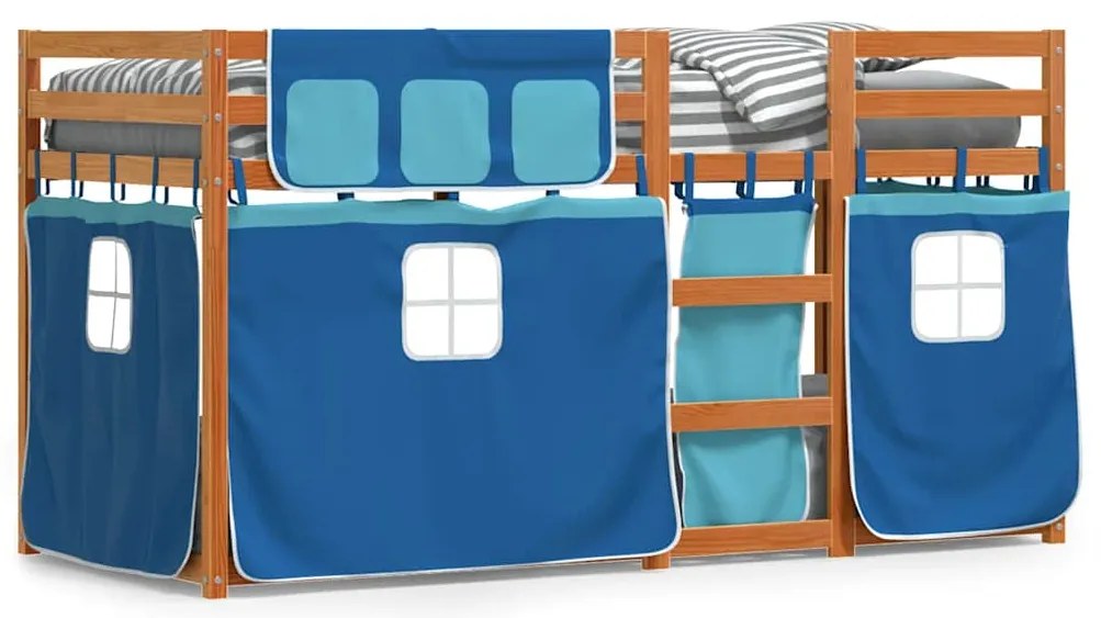 3283926 vidaXL Двуетажно легло със завеси синьо 75x190 см масивно борово дърво