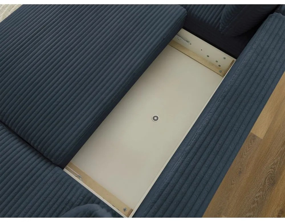 Тъмносин сгъваем/с място за съхранение ъглов диван от рипсено кадифе (ляв ъгъл/U форма) Lucien – Bobochic Paris