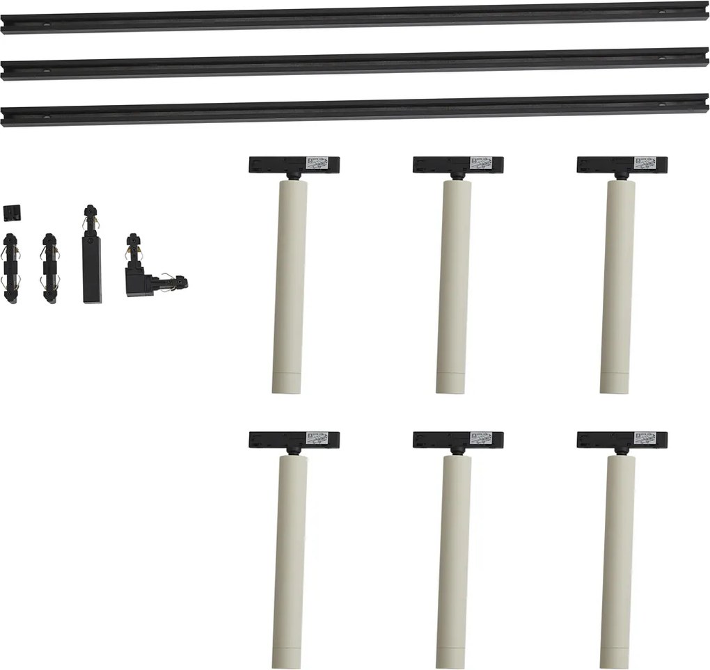 Модерна релсова система черна с 6 бежови прожектора 1-фазна - Slimline Avery