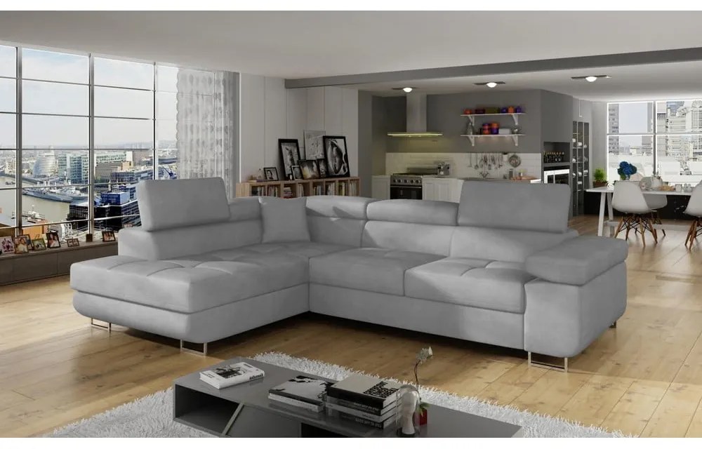 Светлосив кадифен разтегателен ъглов диван с място за съхранение (ляв ъгъл L форма) Anton – ELTAP