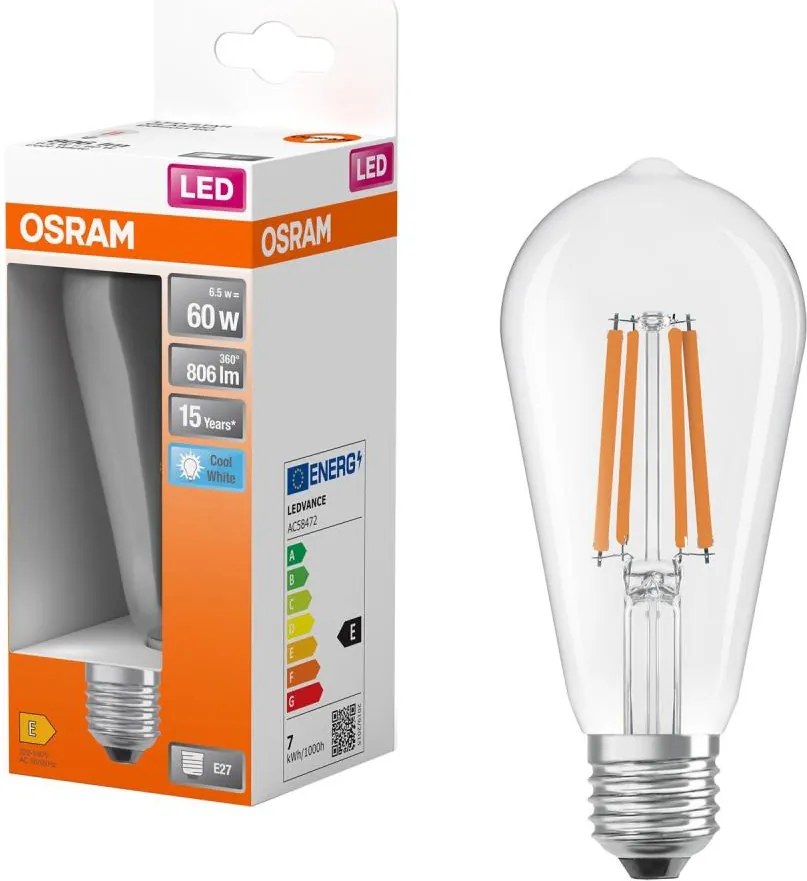 Класическа филаментна LED крушка E27/6,5W/230V 4000K - Osram