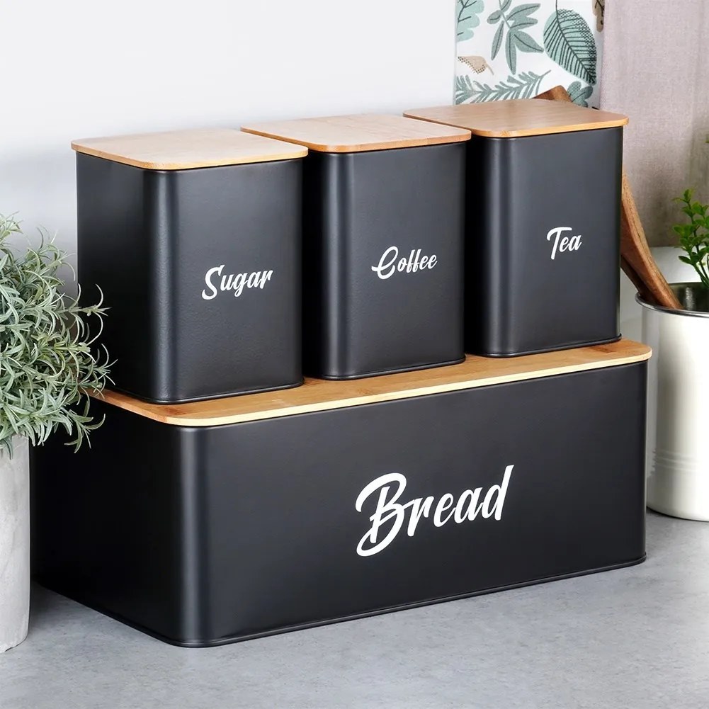 Комплект кутия за хляб и 3 буркани за съхранение на кафе, чай и захар, черен метал и бамбуково дърво