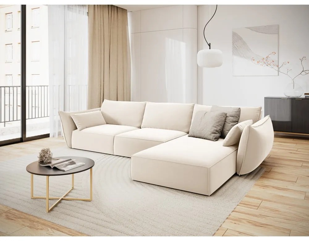 Бежов кадифен ъглов диван (десен ъгъл) Vanda – Mazzini Sofas