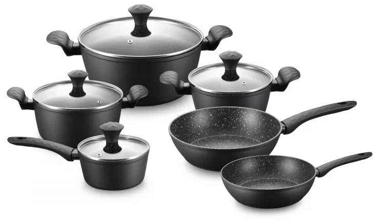 Комплект тенджери и тигани Royalty Line FD10, 10 части, Лят алуминий, Greblon мраморно покритие, Индукция, Черен