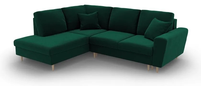 Зелен кадифен разтегателен ъглов диван с място за съхранение (ляв ъгъл/L форма) Kyoto – Cosmopolitan Design