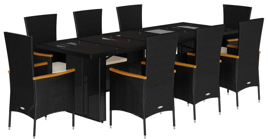 3277531 vidaXL Градински трапезен комплект възглавници 9 части черен полиратан