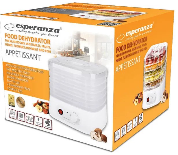 Сушилня за плодове и зеленчуци Esperanza EKD004, 250W, 5 нива, Подходяща за гъби,месо и билки, Бял