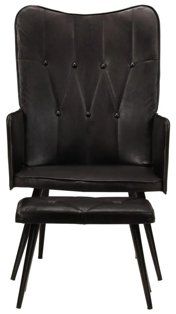 339666 vidaXL Wingback стол с табуретка, черен, естествена кожа