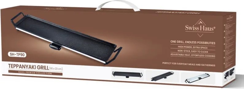 Тепаняки скара Swiss Haus SH-TP90, 2000W, 90х23 см, Керамично покритие, Подвижни части, Температурен контрол, Черен