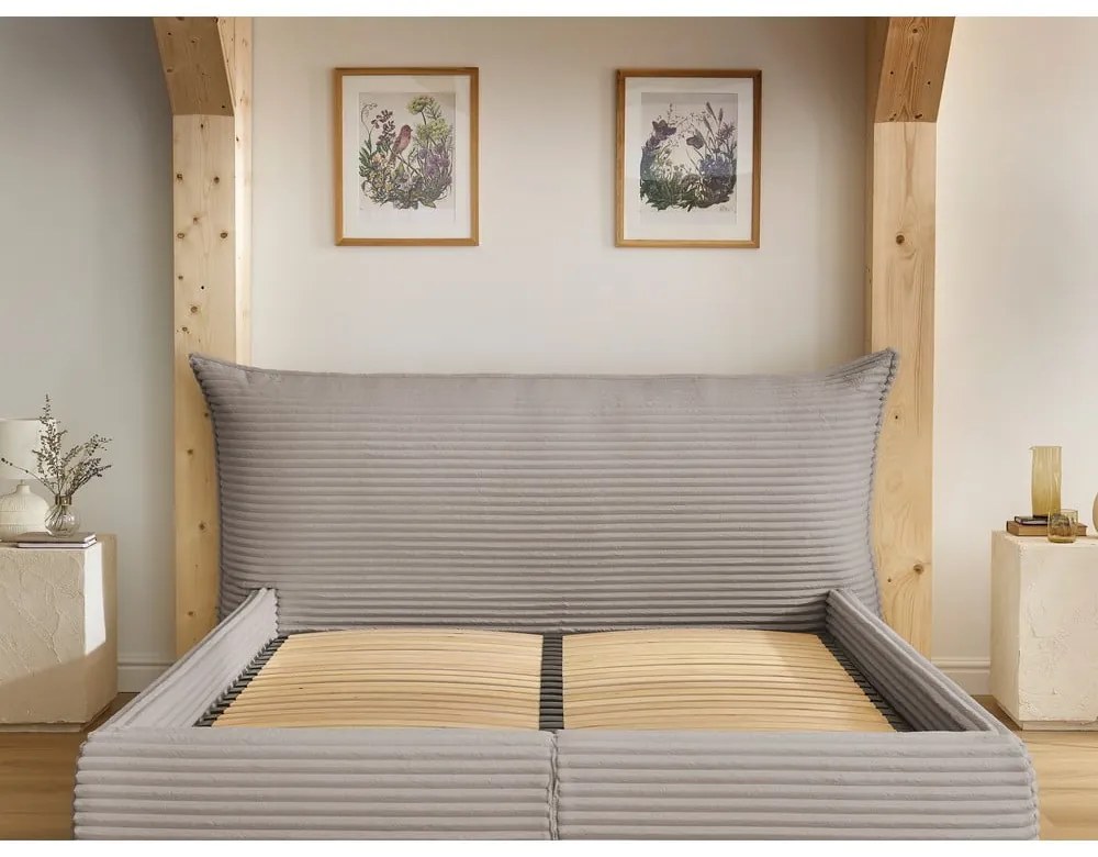 Бежово двойно тапицирано легло с място за съхранение с включена подматрачна рамка 180x200 cm Jade – Bobochic Paris