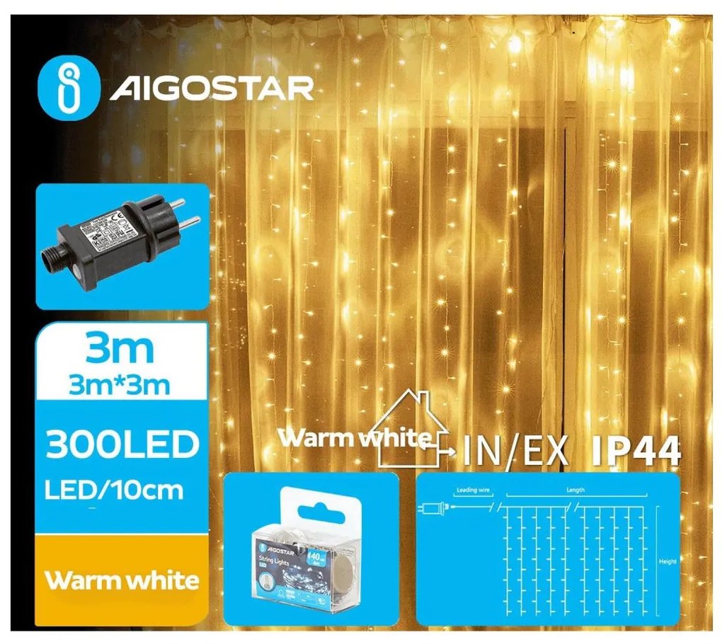 Aigostar - LED Екстериорни Коледни лампички 300xLED/8 функции 6x3m IP44 топло бял