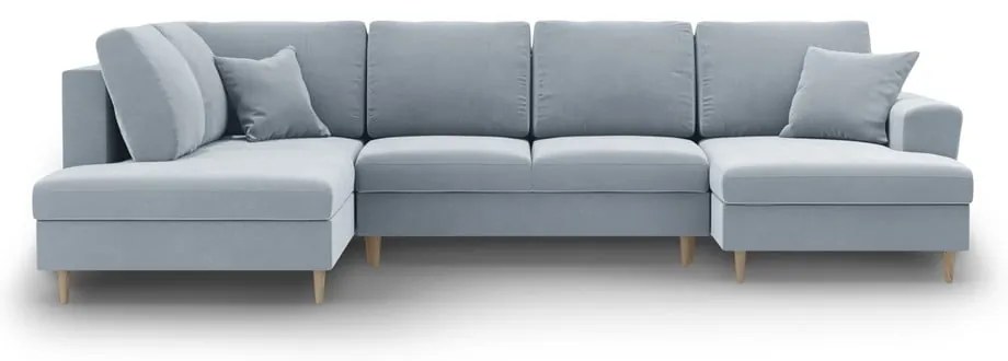 Светлосин кадифен разтегателен ъглов диван с място за съхранение (ляв ъгъл/U форма) Kyoto – Cosmopolitan Design