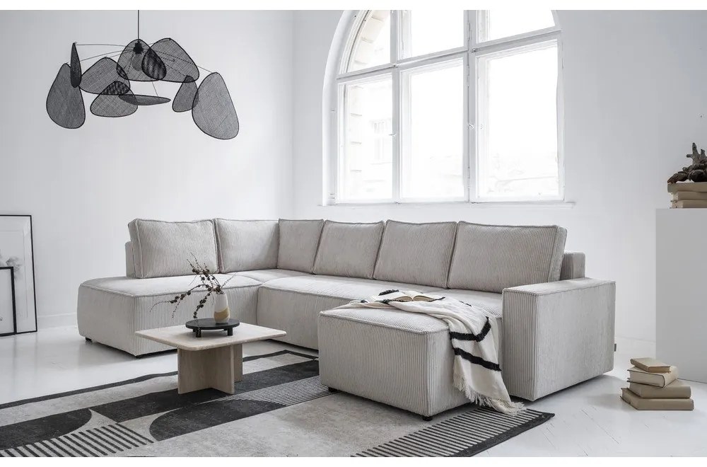 Бял разтегателен ъглов диван от рипсено кадифе (ляв ъгъл/"U" форма) Brave Dave – Miuform