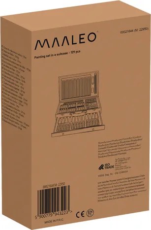Арт комплект за рисуване в дървен куфар Maaleo 21644, 130 елемента
