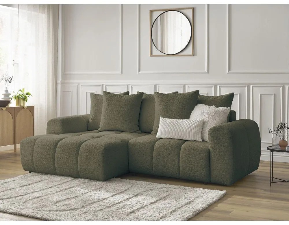 Сгъваем/с място за съхранение ъглов диван от прежда с примки от букле в цвят каки (ляв ъгъл) Roxelane – Bobochic Paris