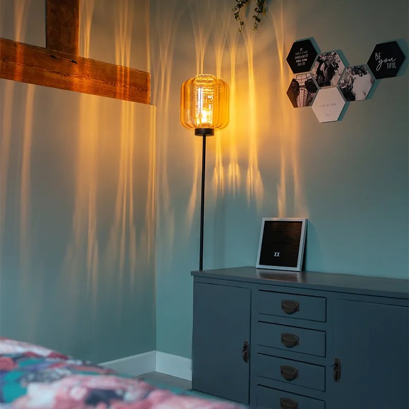 Дизайнерски подов аплик черен с кехлибарено стъкло - Qara