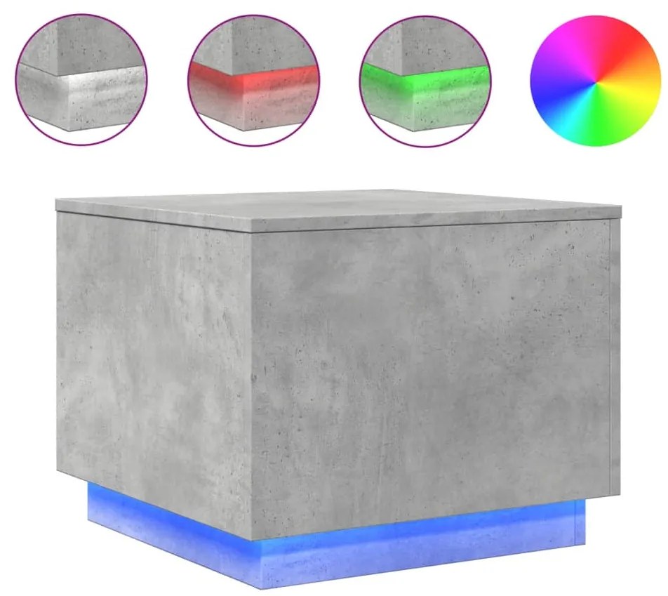 839871 vidaXL Маса за кафе с LED осветление, бетонно сива, 50x50x40 см