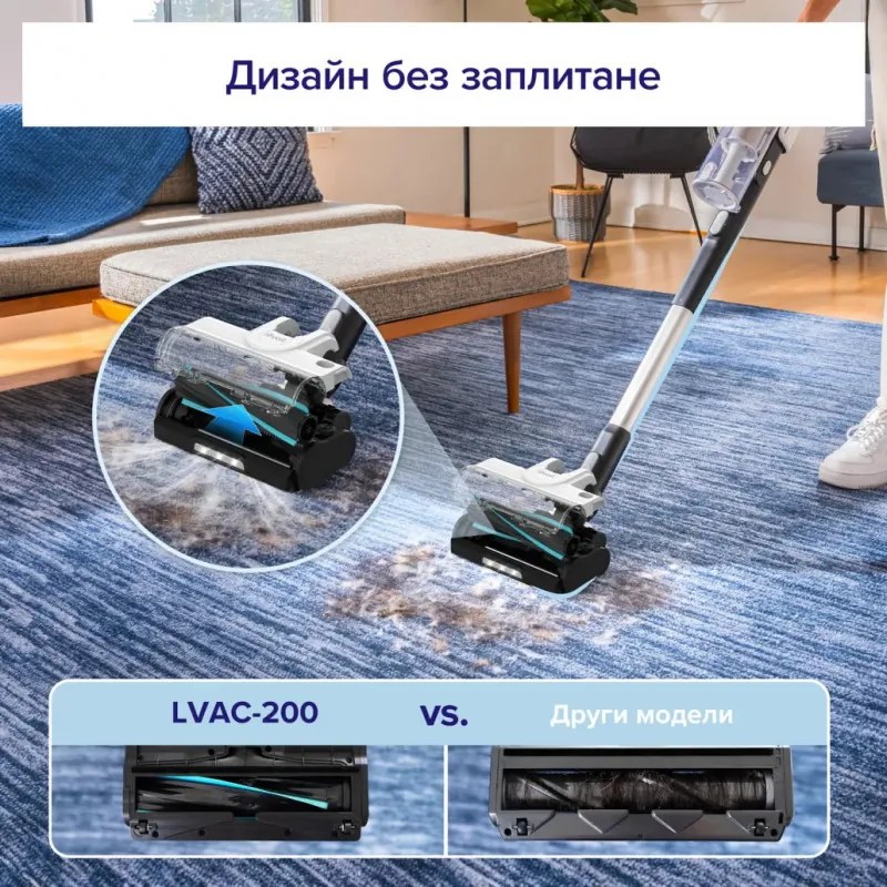 Вертикална прахосмукачка Levoit LVAC-200, 180W, Автономия 50 мин, 5-степенна филтрация, LED, Без заплитане, Turbo, Бял/черен