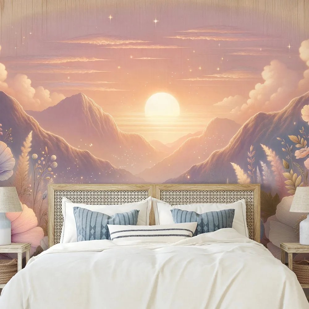 Тапет – Пастелен пейзаж с цветя при залез