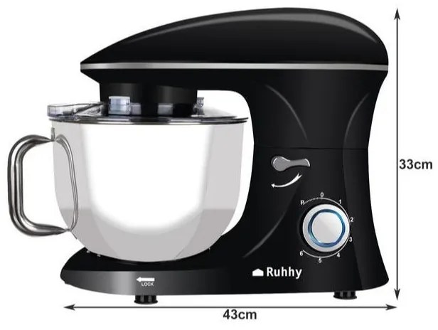 Планетарен миксер Ruhhy RH-16745, 2200W, 6.2 литра, 6 скорости, 3 приставки, Подарък пош торба и 24 шприца, Черен