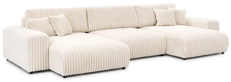 Кремав разтегателен ъглов диван с място за съхранение от рипсено кадифе (U форма) Sarina – Ropez