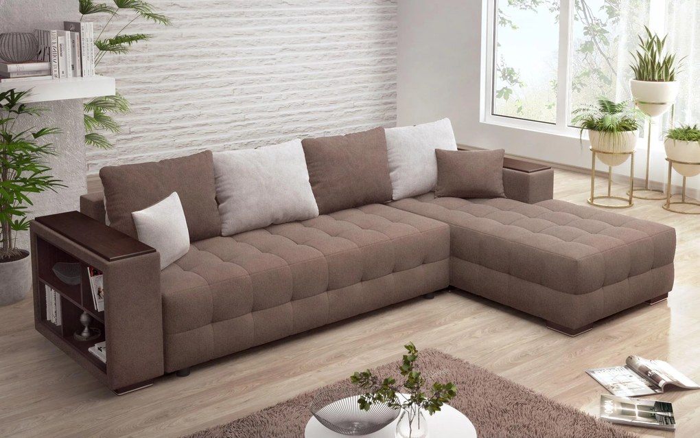 Разтегателен ъглов диван с подлакътник етажерка Мелвин Спринг