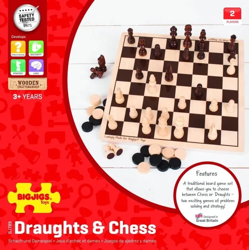Bigjigs - Дървена игра 2 в 1 - Шах и табла